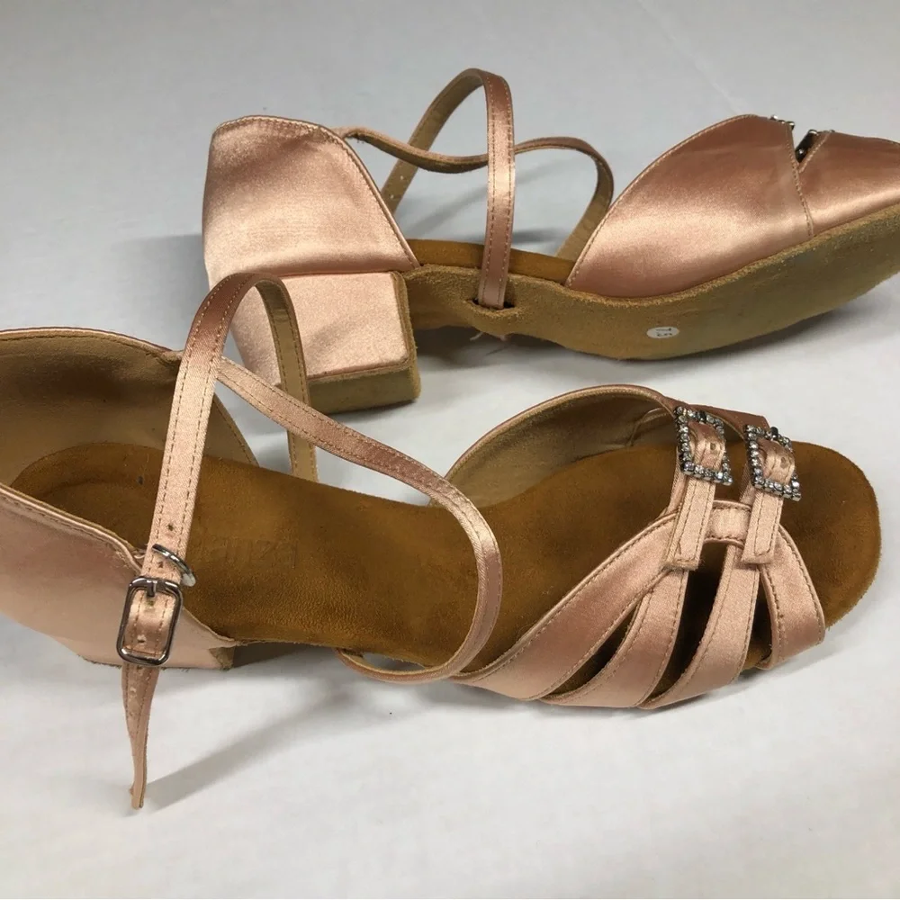 Dance Shoes 7.5 Nude Satin Sandals Rhinestone Buckles 1.5 inch heels Beige Danza - Picture 3 of 9